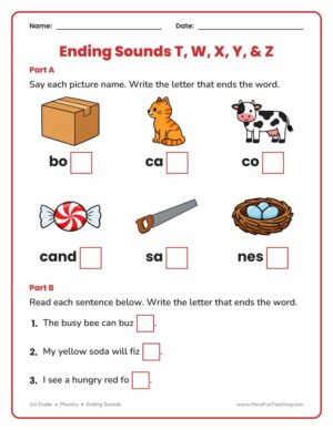 1st Grade ending sounds worksheet with six pictures and a box for the final letter