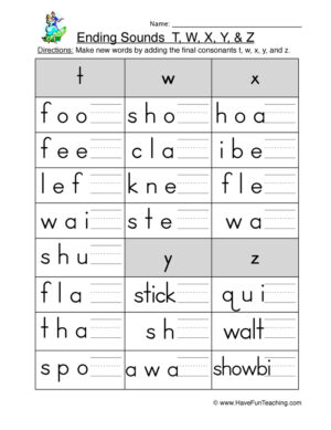 Ending Sounds T W X Y Z Worksheet