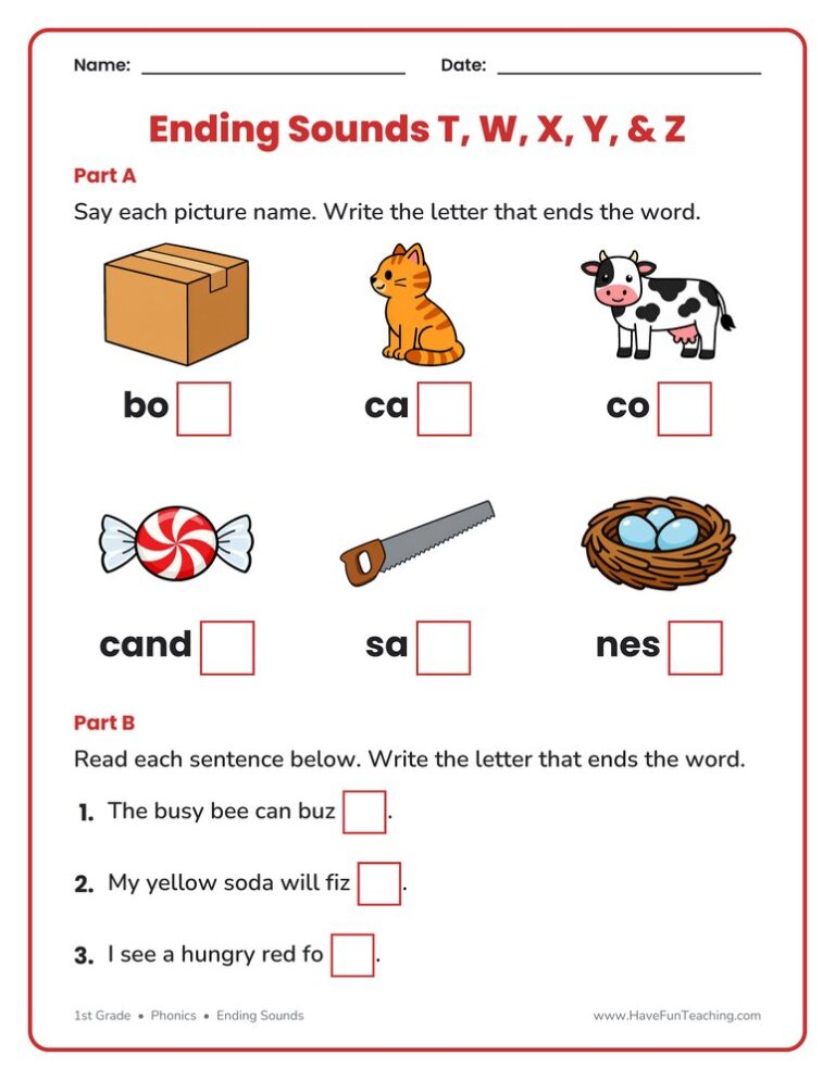 Ending Sounds T W X Y Z Worksheet
