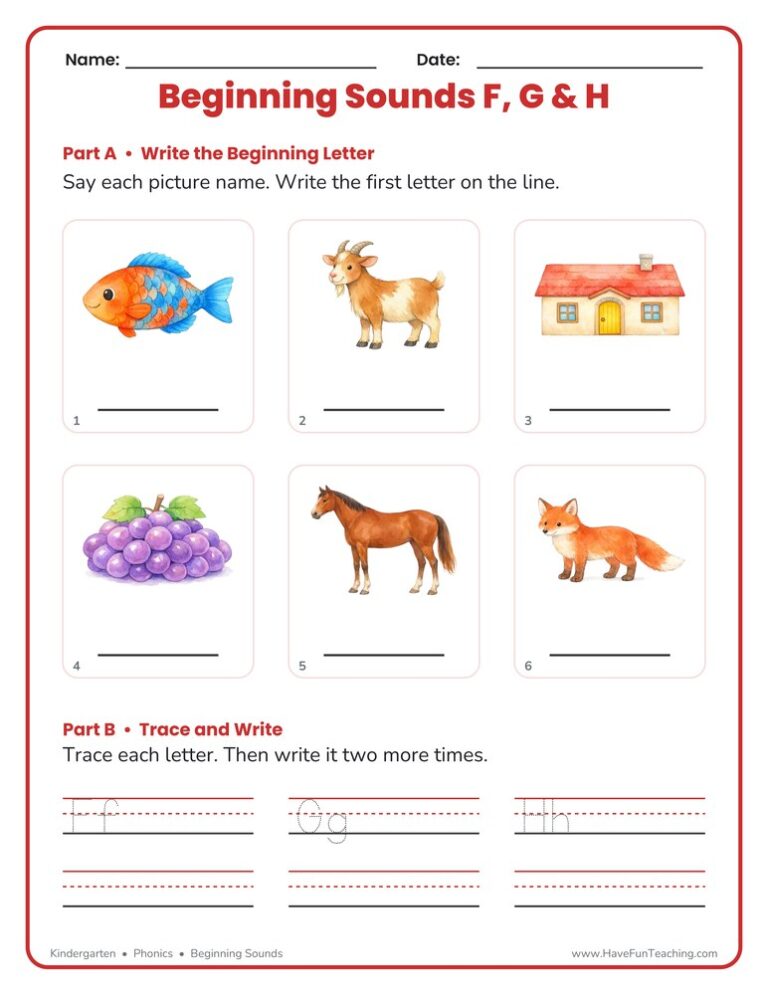 Beginning Sounds F G H Pictures Worksheet