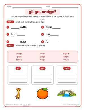 2nd Grade gi ge dge phonics worksheet for the soft g sound