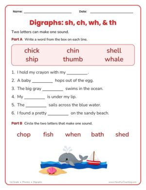 1st Grade phonics worksheet on the h digraphs sh, ch, wh, and th