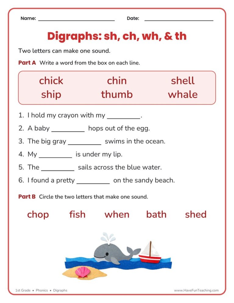 H Digraphs Fill in the Blank Worksheet