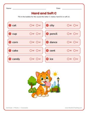 2nd grade phonics worksheet on hard and soft C sounds