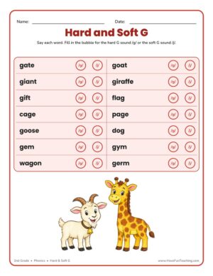 Hard and Soft G worksheet where 2nd grade students say each word and mark the hard G or soft G sound