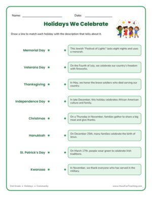 Holidays match worksheet where students draw a line from each holiday to its description