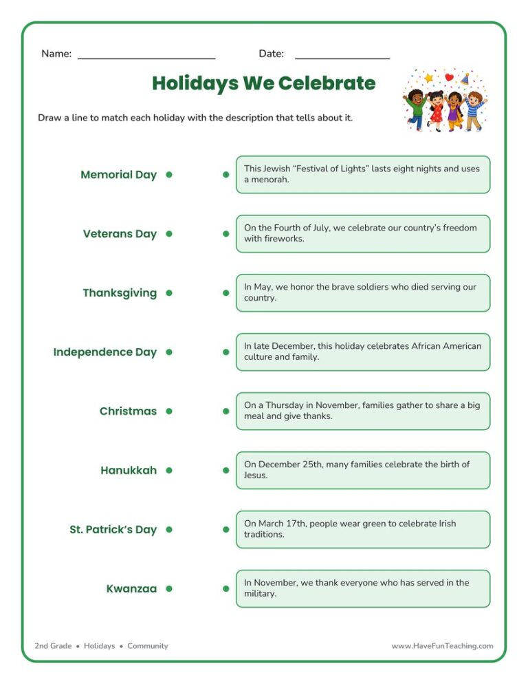 Holidays Match Worksheet