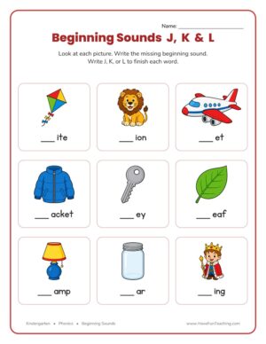 Kindergarten beginning sounds worksheet for the consonants J, K, and L