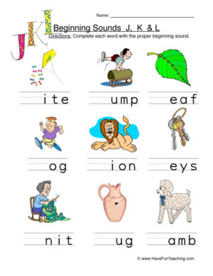 Beginning Sounds J K L Worksheet - Pictures