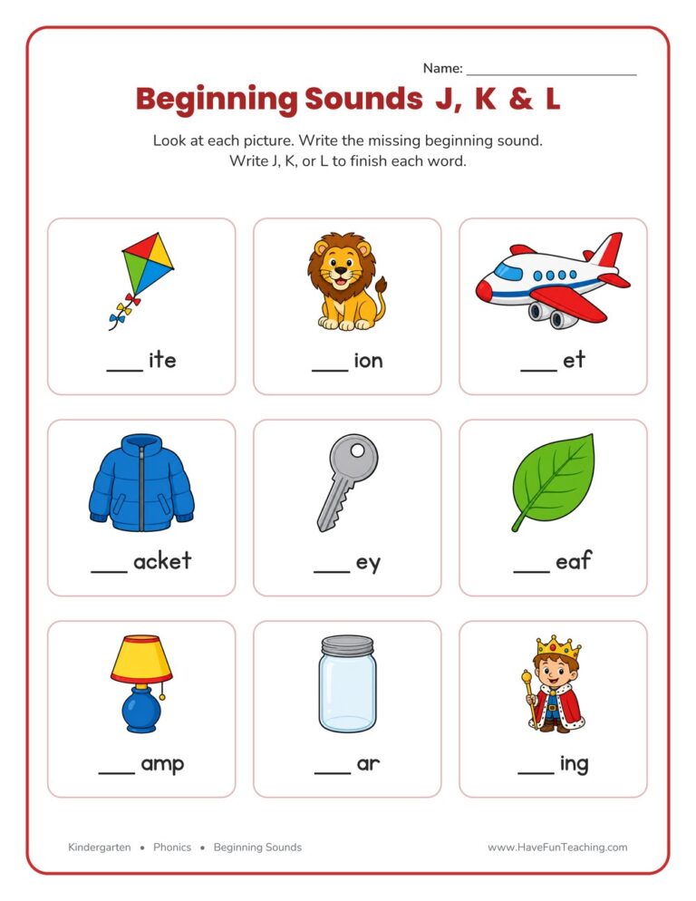 Beginning Sounds J K L Worksheet - Pictures