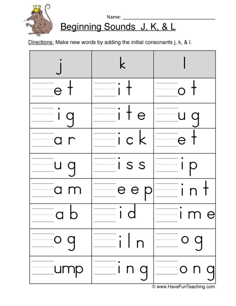 Beginning Sounds J K L Worksheet
