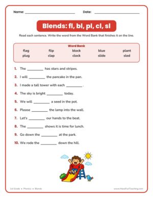 L Blends Fill in the Blank Worksheet with word bank and ten sentences