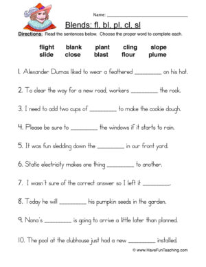 L Blends Fill in the Blank Worksheet