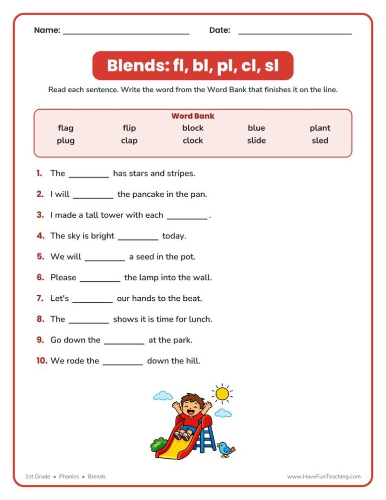L Blends Fill in the Blank Worksheet
