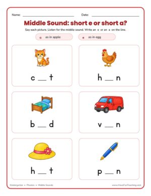 Middle Sound E or A worksheet with kindergarten phonics picture cards for CVC words