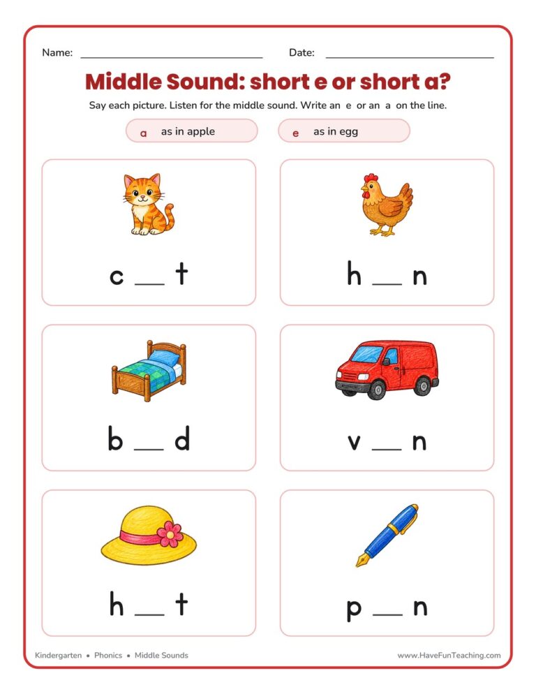 Middle Sounds E or A Worksheet