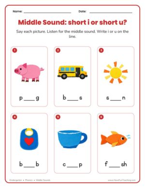 Kindergarten middle sounds short i or short u phonics worksheet