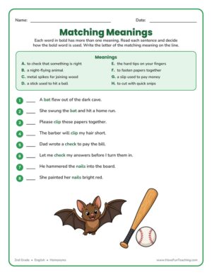 Matching Meanings Worksheet - 2nd grade homonyms multiple-meaning words worksheet