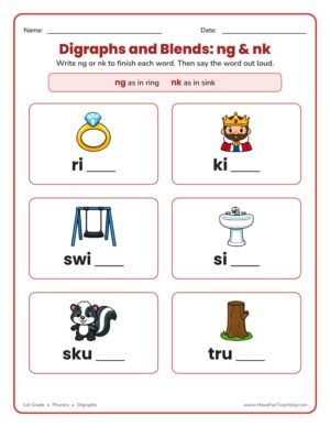 1st grade ng and nk digraph phonics worksheet