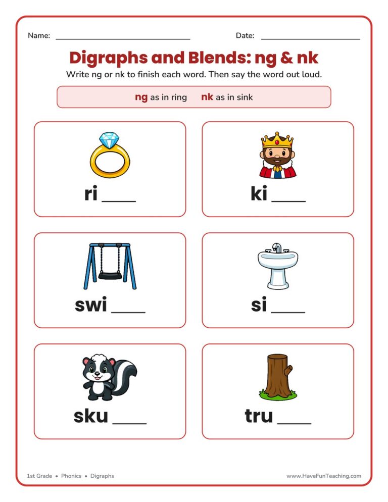 NG and NK Digraph Worksheet