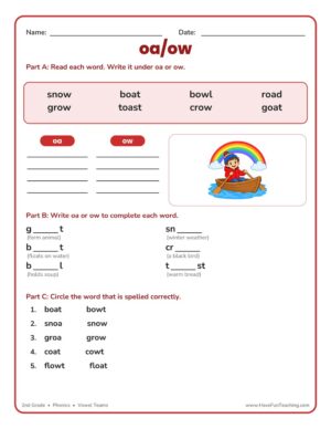 2nd grade oa ow vowel teams worksheet