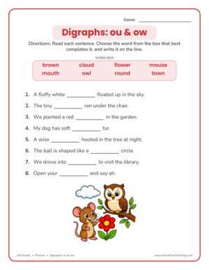 2nd grade ou and ow vowel digraphs phonics worksheet