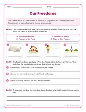 3rd Grade Our Freedoms worksheet on rights and freedoms