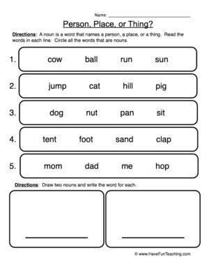 Person Place or Thing Circle Nouns Worksheet