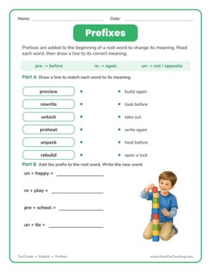2nd Grade Matching Prefixes Worksheet
