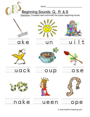 Beginning Sounds Q R S Worksheet - Pictures
