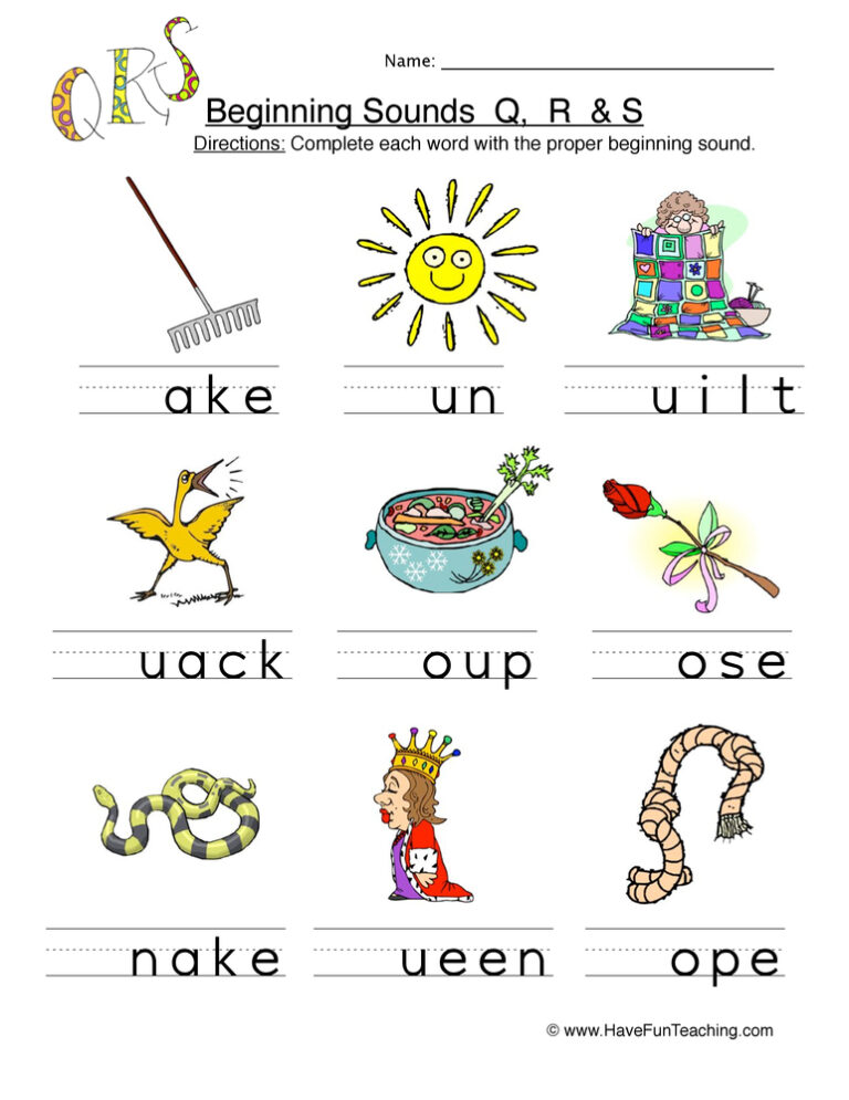 Beginning Sounds Q R S Worksheet - Pictures
