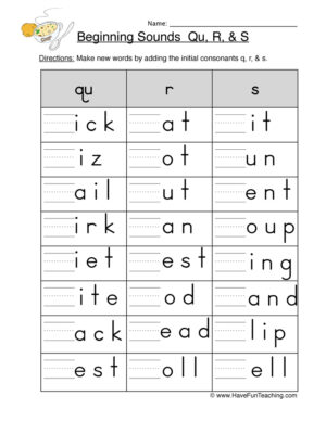 Beginning Sounds Q R S Worksheet
