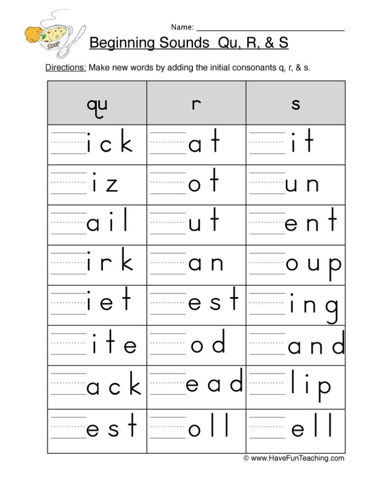 Beginning Sounds Q R S Worksheet