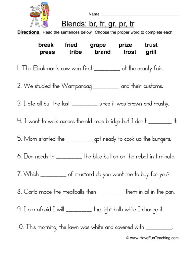 R Blends Fill in the Blanks Worksheet