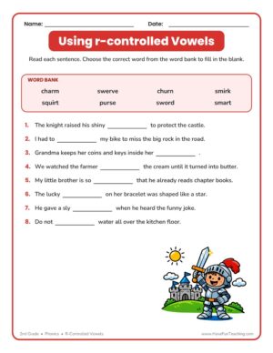 Second grade r-controlled vowels words worksheet with a word bank and eight fill-in-the-blank sentences