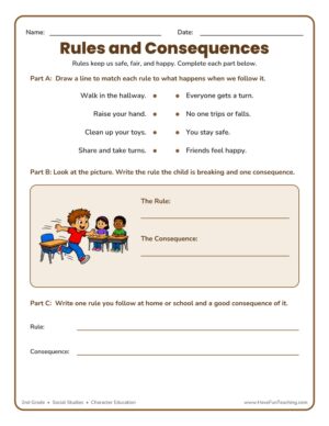 2nd grade Rules and Consequences character education worksheet
