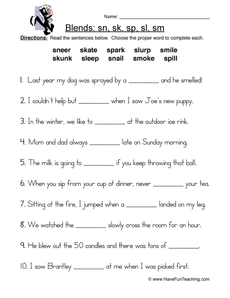 S Blends Fill in the Blank Worksheet