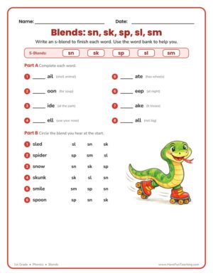 S blends worksheet for first grade with sn, sk, sp, sl, sm words and a snake on skates