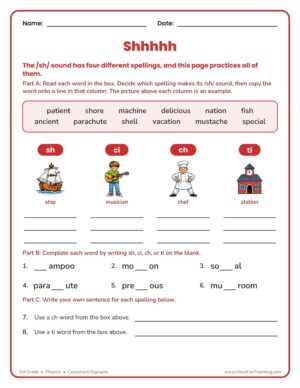 3rd Grade phonics worksheet sorting words by the sh, ci, ch, and ti spellings of the /sh/ sound
