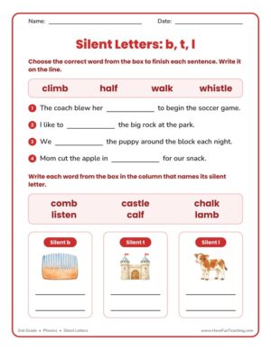 2nd Grade silent letters b, t, l phonics worksheet