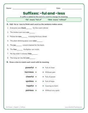 Suffix ful and less worksheet for 3rd grade English suffixes practice