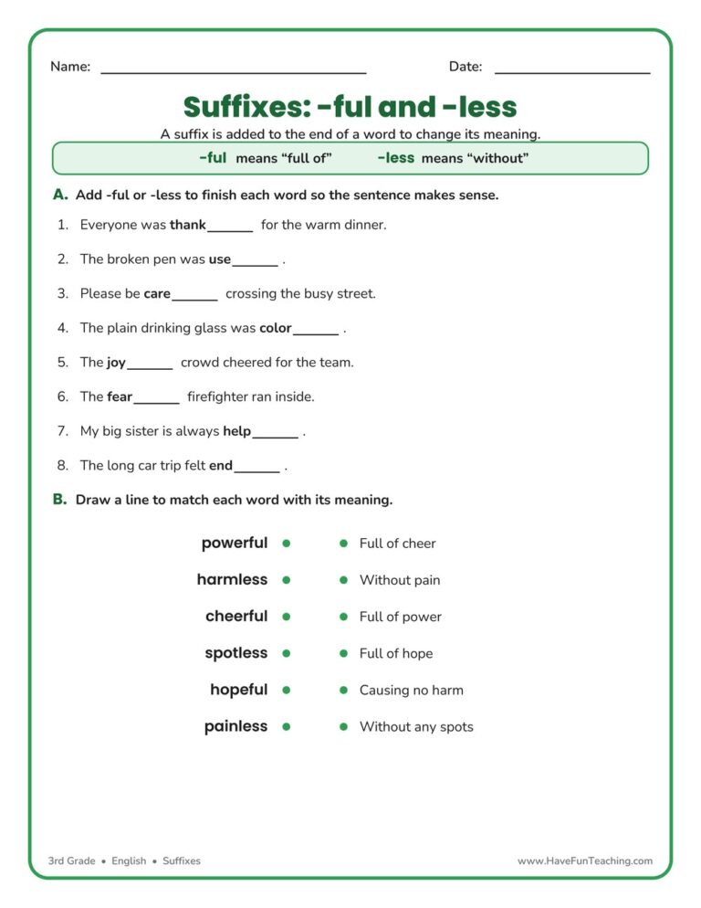 Suffix FUL and LESS Worksheet