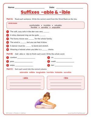 Suffix ABLE and IBLE Worksheet for 4th grade phonics practice