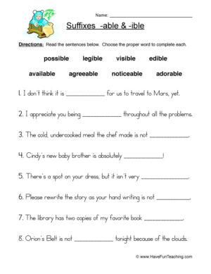 Suffix ABLE and IBLE Worksheet