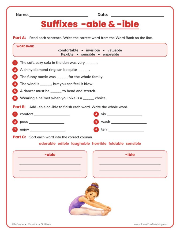 Suffix ABLE and IBLE Worksheet