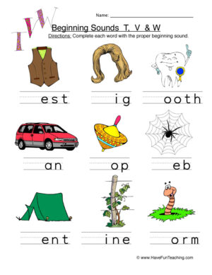 Beginning Sounds T V W Pictures Worksheet