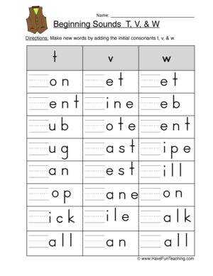 Beginning Sounds T V W Worksheet