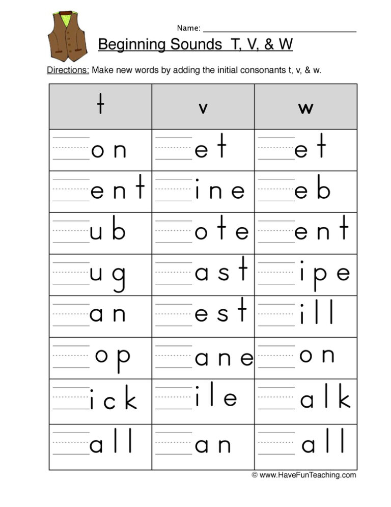 Beginning Sounds T V W Worksheet