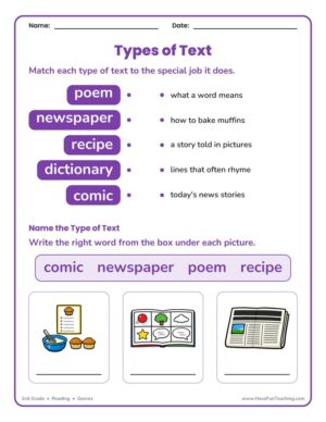 2nd Grade types of text and genres worksheet