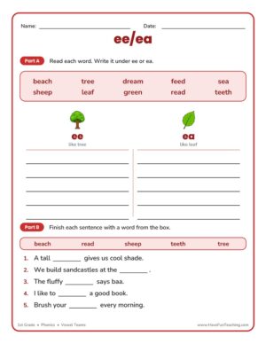 1st grade ee and ea vowel teams phonics worksheet